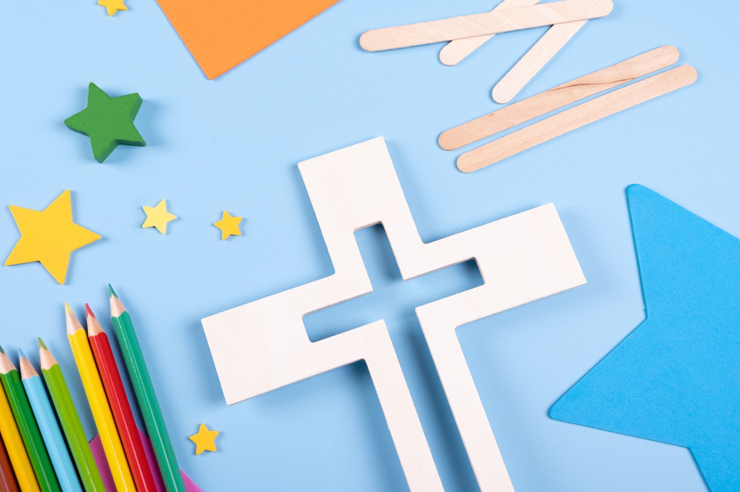 Wooden White Cross with Popsicle Sticks and Pencils 
